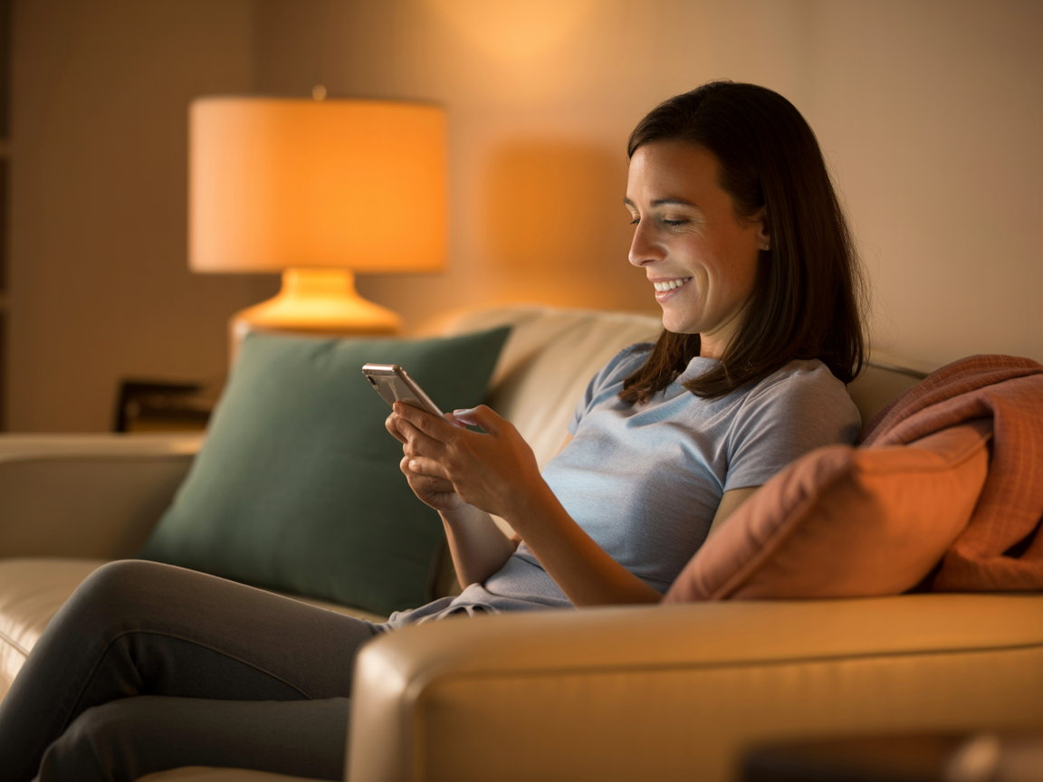 Parent checking the NannyTime app on their phone from the couch