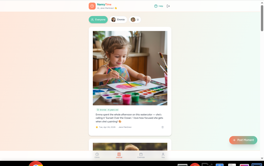 NannyTime nanny journal view with child filter tabs and photo entries
